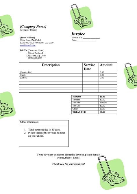 Printable Lawn Care Invoices